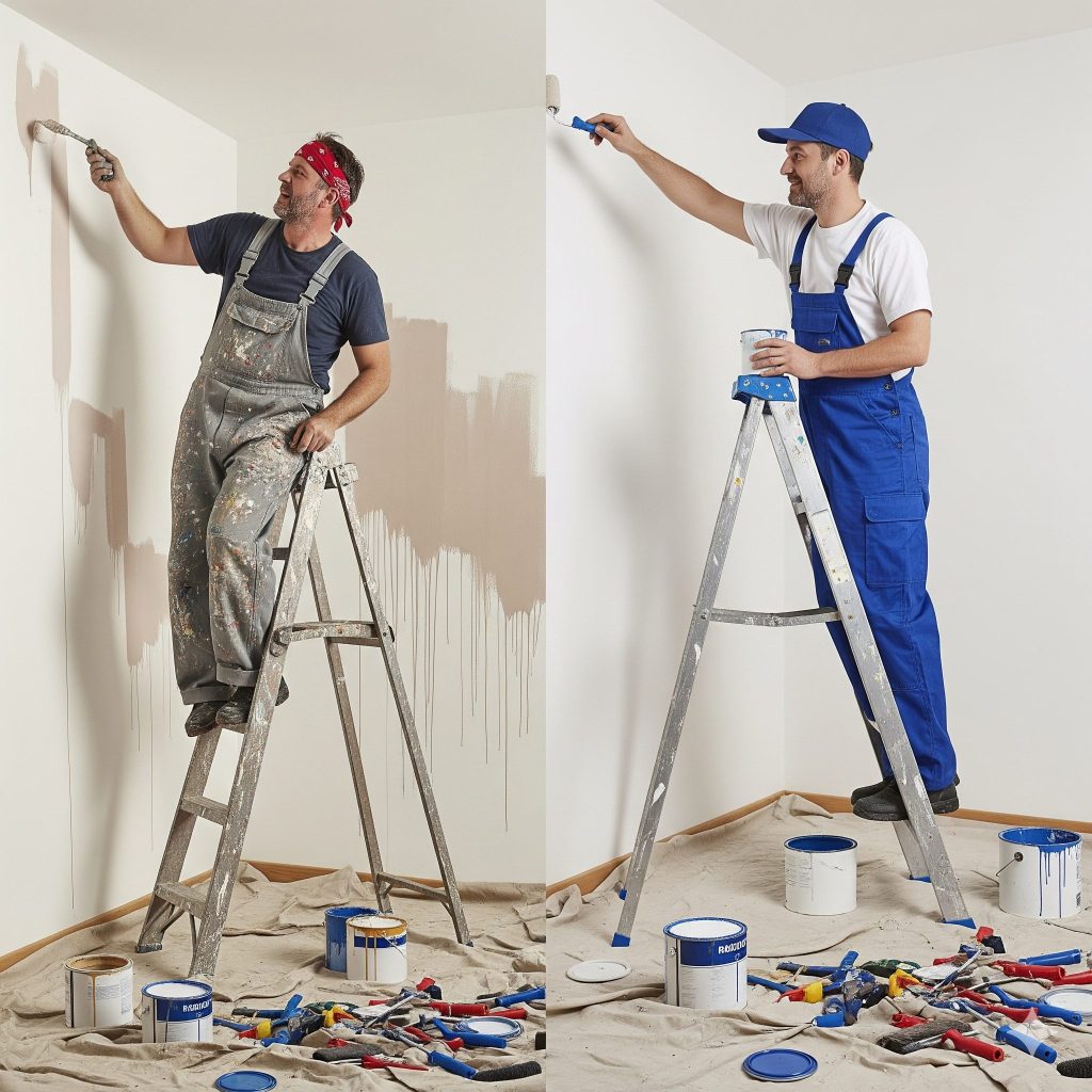 house_painting | service pro painting A side-by-side comparison. On the left, a frustrated DIY painter is struggling on a rickety ladder with a bucket of dripping paint. On the right, a professional painter, well-equipped and confident, is efficiently applying a clean coat of paint to a wall.