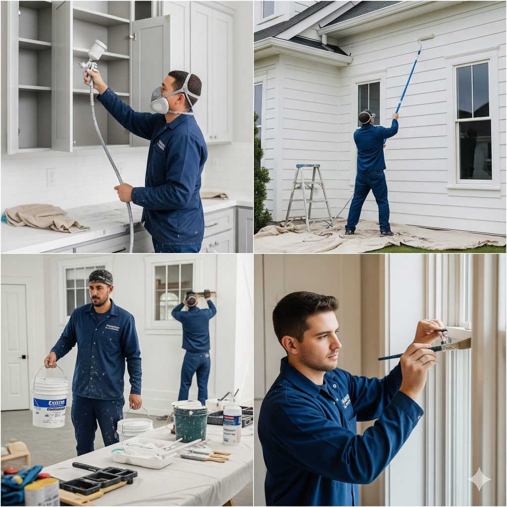 A four-panel collage depicting a full-service residential painting company. The top left panel shows a professional painter using a paint sprayer to refinish kitchen cabinets. The top right panel shows a painter on a ladder using a long roller to paint the exterior siding of a house. The bottom left shows a crew preparing to work, with one painter holding a bucket of paint and another preparing a surface. The bottom right panel shows a painter meticulously working on trim around a window with a brush.