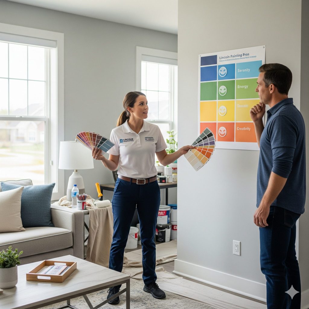 colorwheel | service pro painting A professional interior painter, a woman in a clean uniform, is discussing color choices with a male homeowner in a modern living room. The painter holds two sets of color swatches while the homeowner looks at a mood board on the wall that shows different emotions associated with colors. The scene is bright and professional, with painting tools neatly arranged in the background.