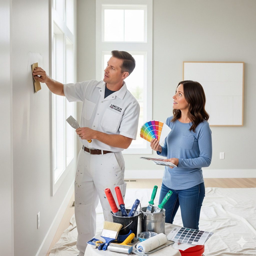 manand woman | service pro painting A professional painter, wearing a clean uniform, is meticulously preparing a wall by sanding it. He is talking to a homeowner who is holding a paint swatch fan and looking at the wall with interest. The scene is clean, organized, and shows a focus on preparation and color selection.