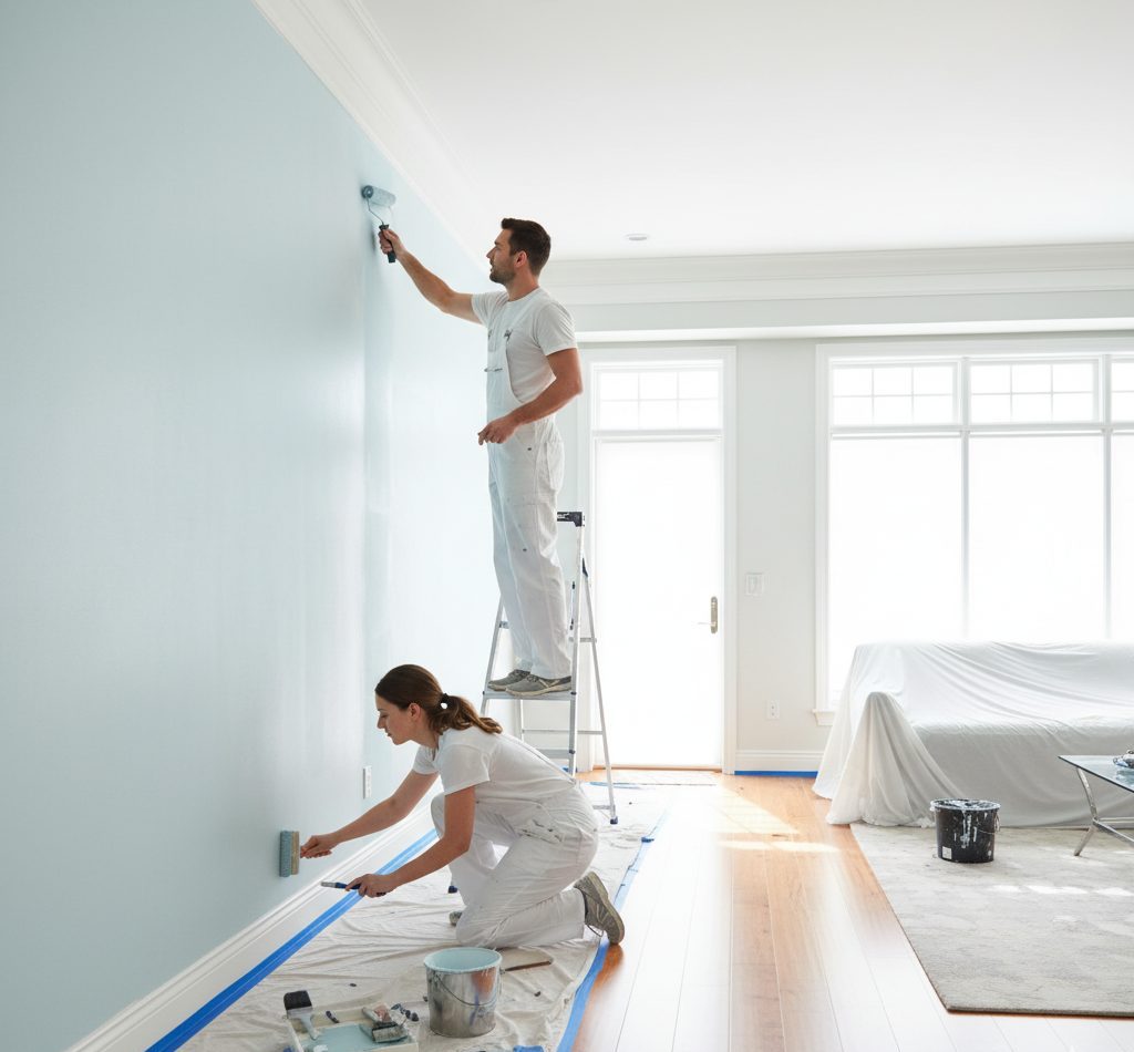 Two professional painters, a man on a ladder and a woman on the floor, efficiently painting a light blue interior wall with rollers and brushes.